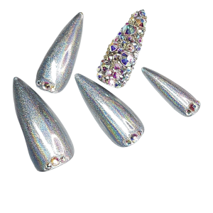 Silver press-on nails with diamond details