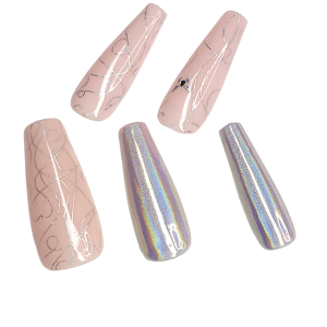 Soft pink press-on nails with holographic details