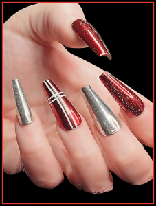 A Seasonal Nail Set Titled “Sleigh Bells Ring” Featuring Three Red and Two Silver Nails